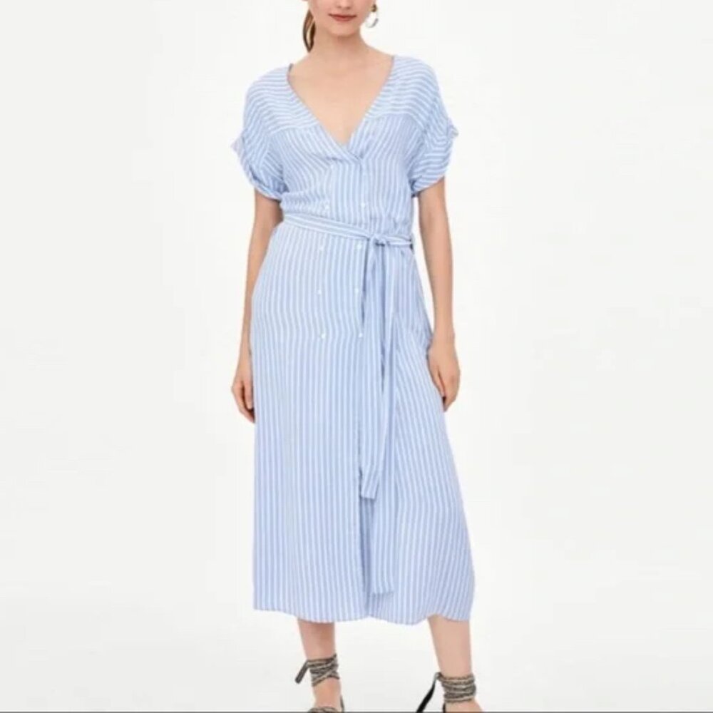 Zara Lightweight Striped Belted Shirt Dress (Midi)